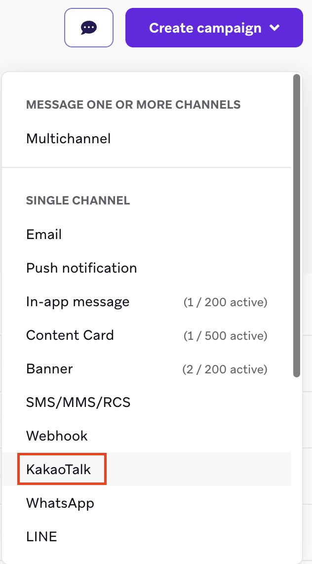 Panneau avec les options de sélection du canal de communication.