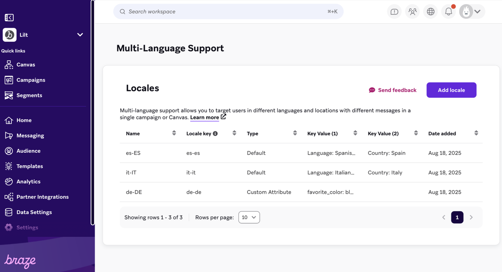 Configurer les lieux dans Braze.