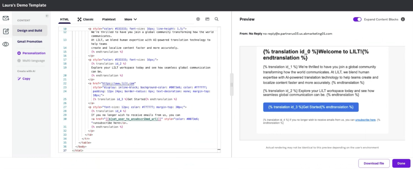 Modèle d'e-mail de Braze avec étiquettes de traduction.