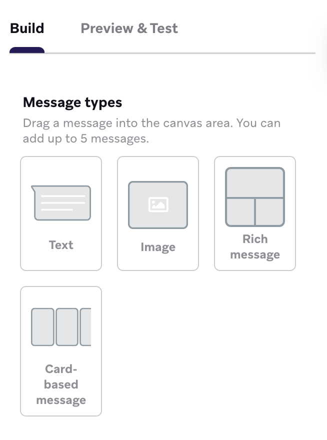 Panneau des types de messages avec les types de messages à faire glisser dans l'éditeur du compositeur, y compris le texte, l'image, le message riche et le message basé sur une carte.