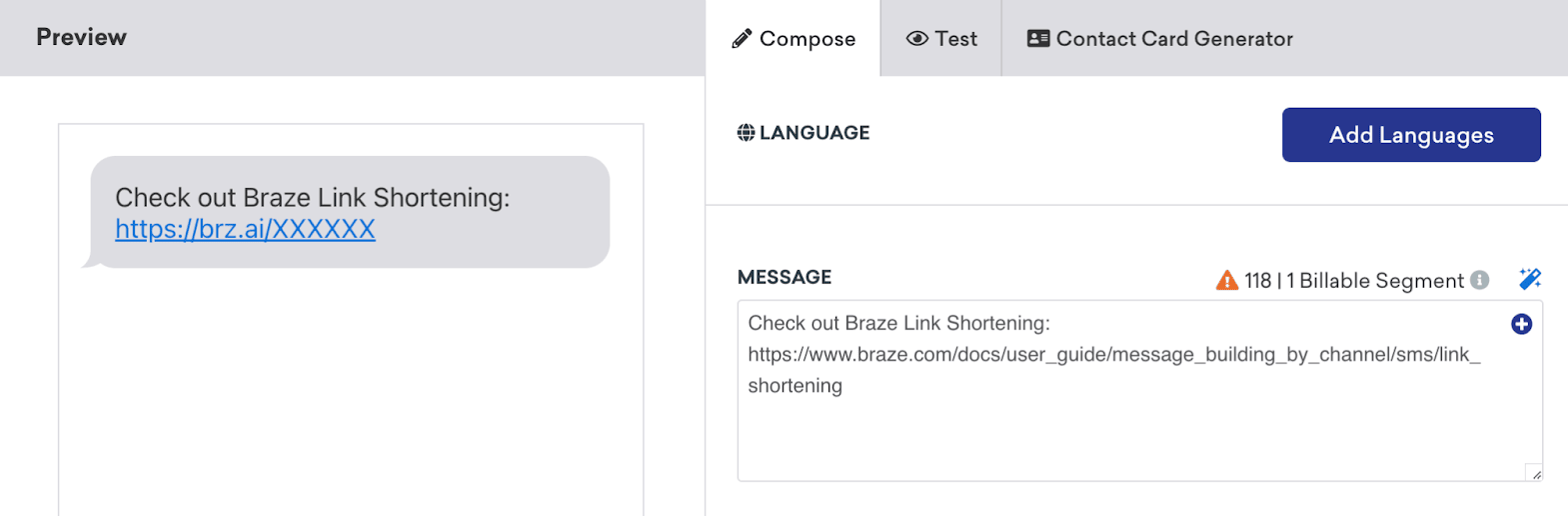Composeur de messages avec une longue URL dans le champ « Message » et un lien raccourci généré dans l'aperçu.