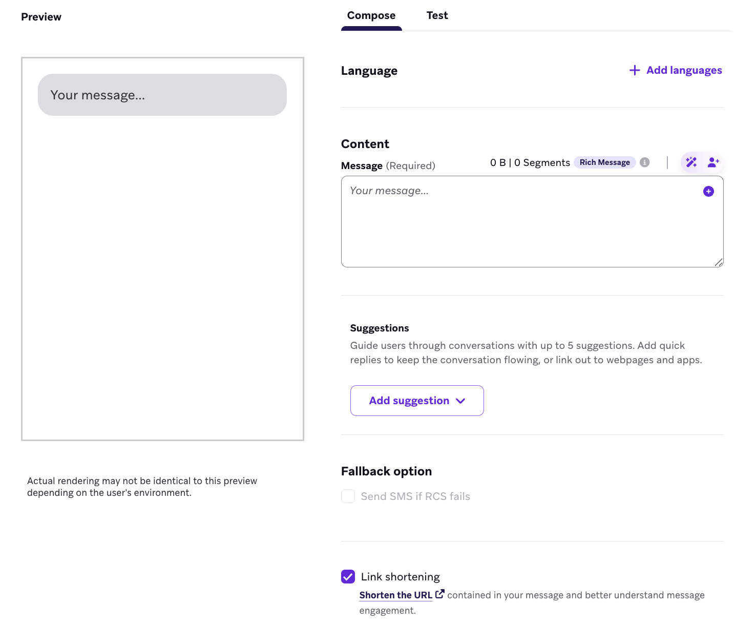 Composeur de messages RCS avec une case cochée pour le raccourcissement de liens.
