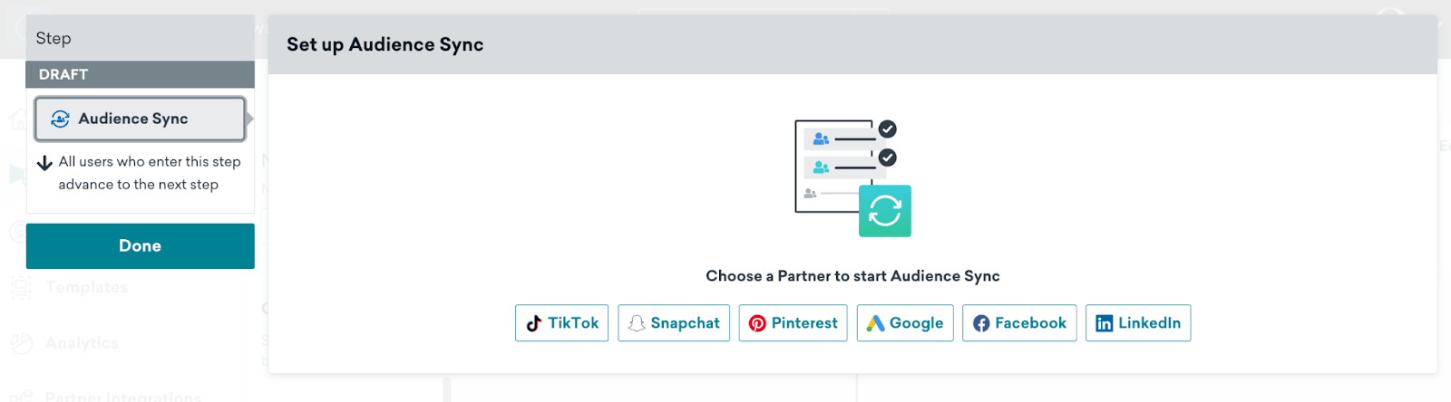 Les détails de "Set up Audience Sync" avec les multiples partenaires à choisir.