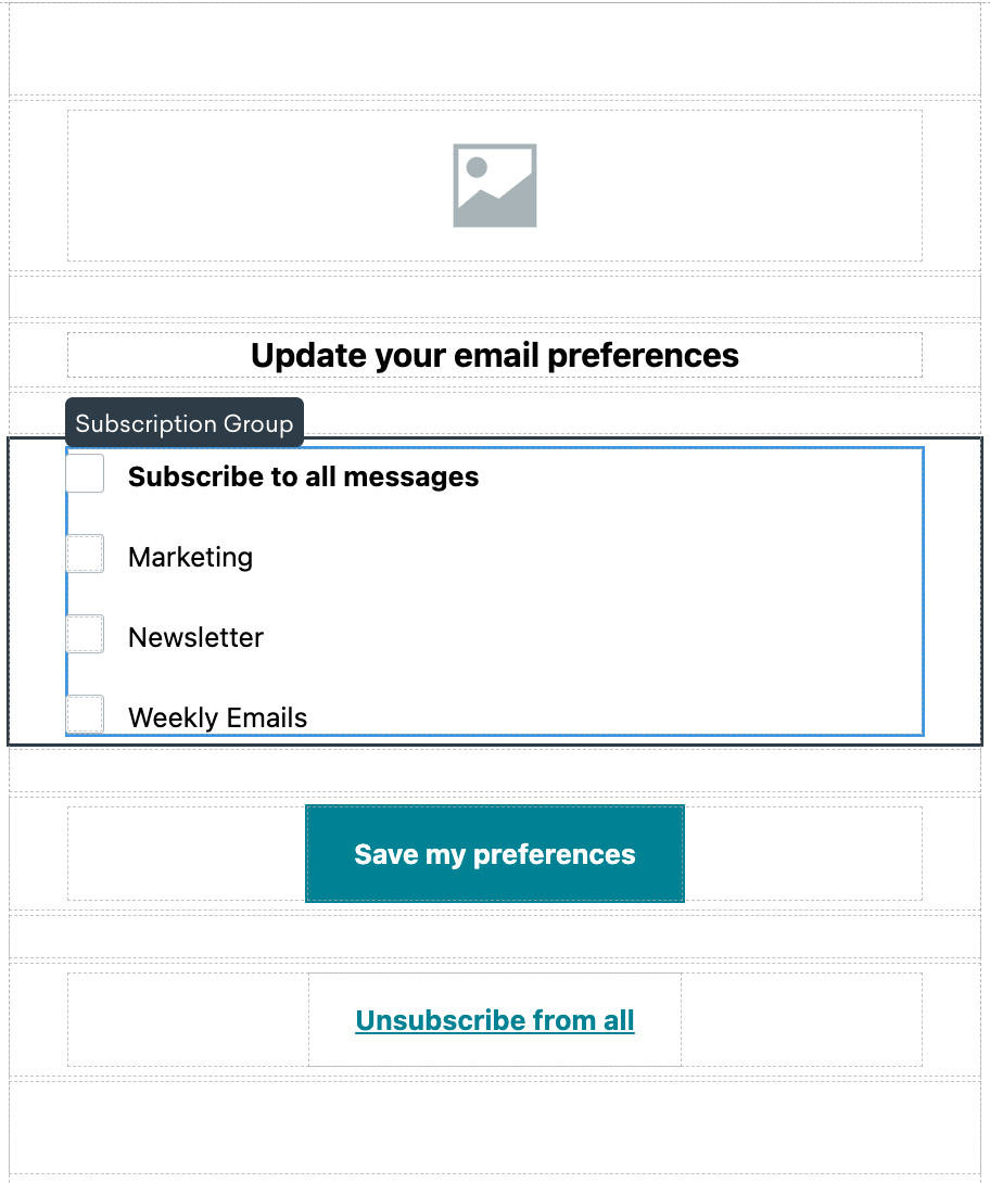 Un exemple de centre de préférences avec les options pour s'abonner à tous les messages, marketing, newsletter, et e-mails hebdomadaires, ou pour se désabonner de tous.
