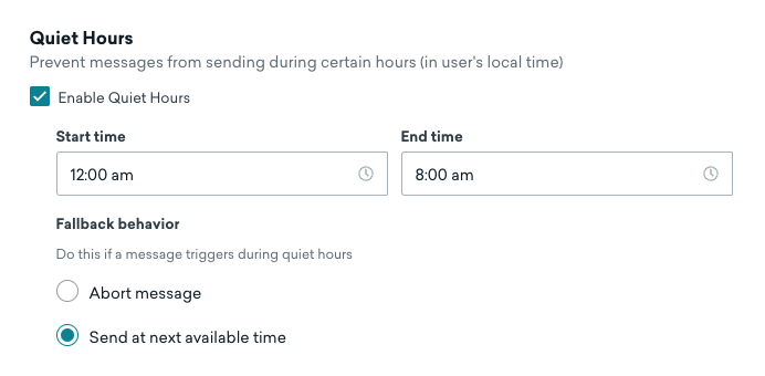 La page « Heures calmes » affiche une case à cocher permettant d'activer les heures calmes. Si elle est activée, l'heure de début, l'heure de fin et le comportement de repli peuvent être définis.
