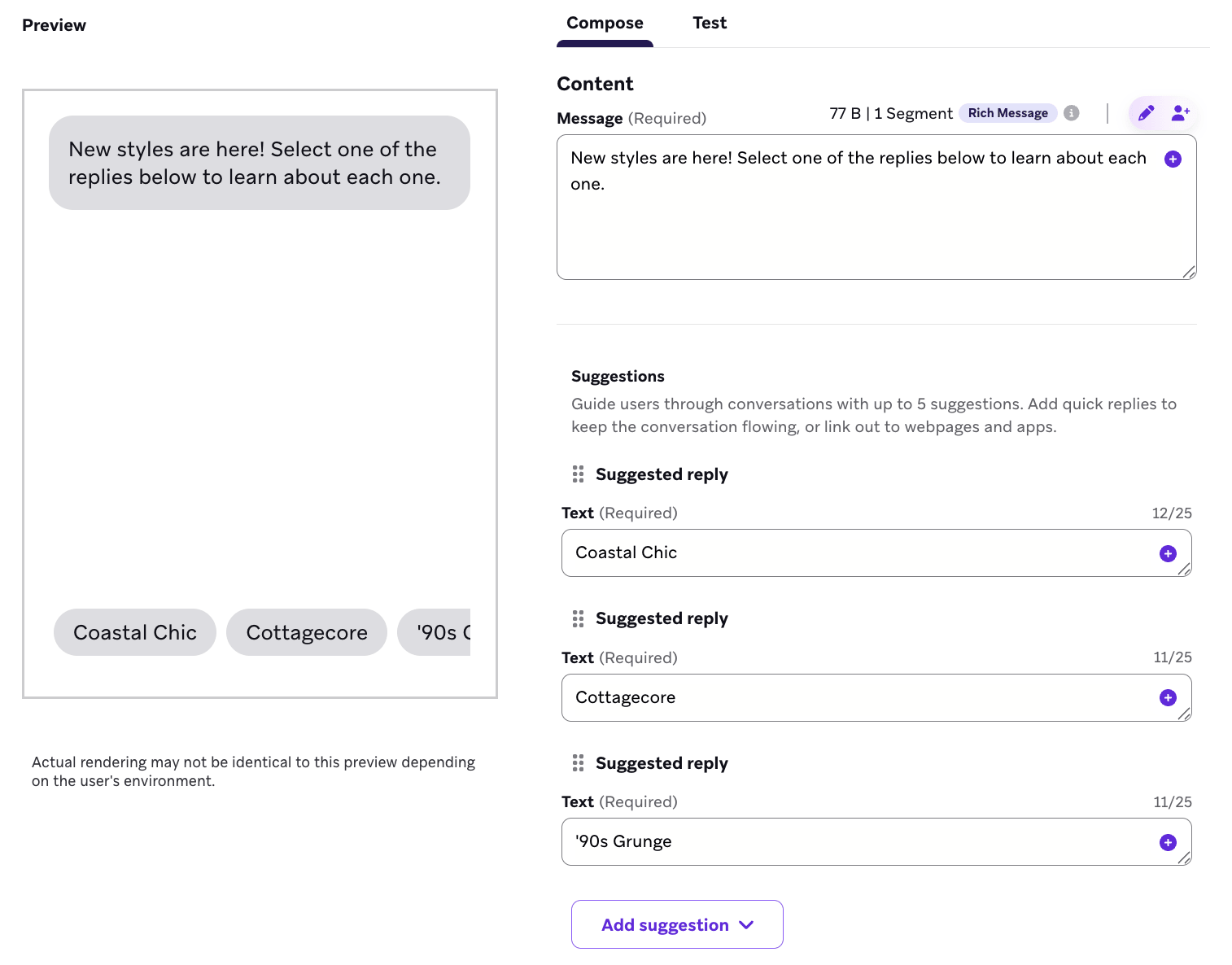 Compositeur de messages RCS avec des réponses suggérées.