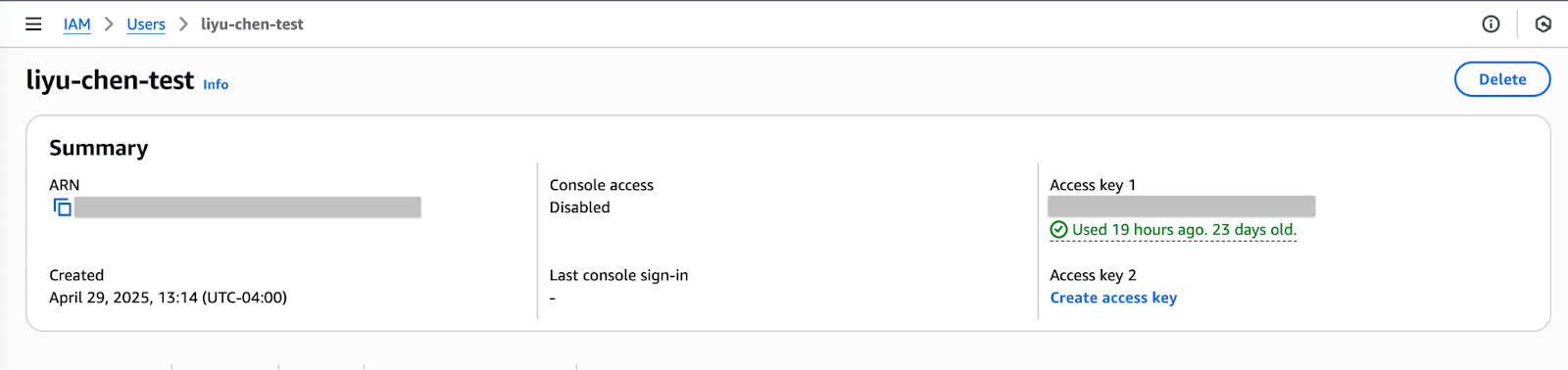 Une page récapitulative pour un rôle intitulé « liyu-chen-test ».