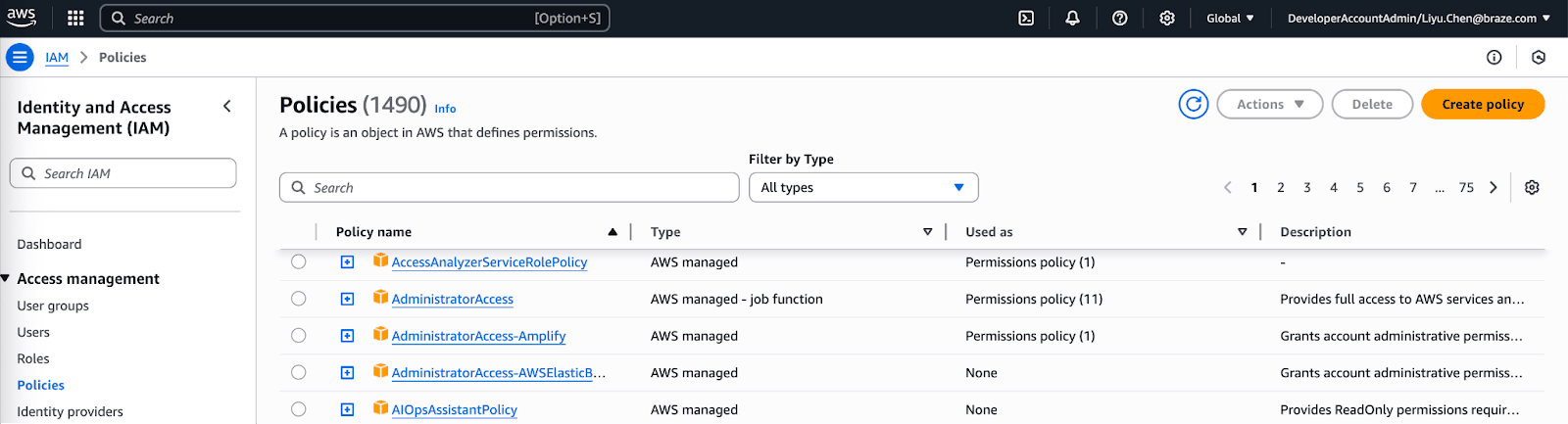 Une page présentant une liste de politiques et un bouton « Créer une politique ».