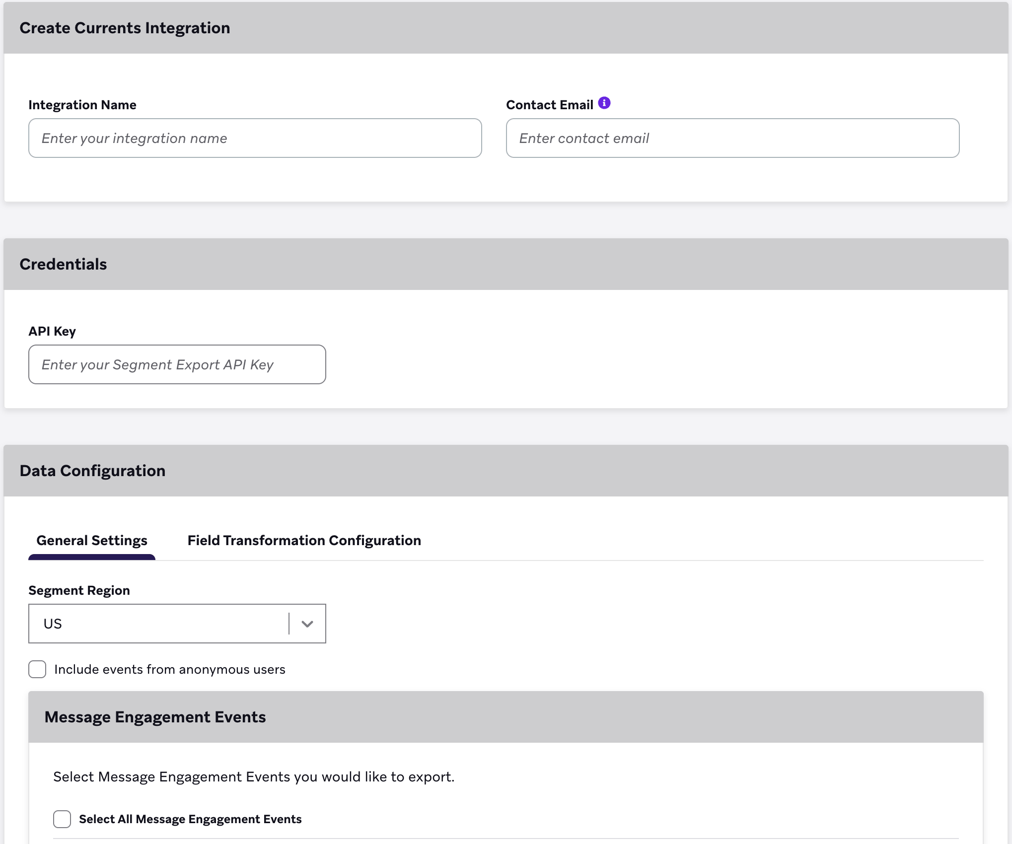 La page Segment Currents dans Braze. Cette page contient des champs permettant de spécifier le nom de l'intégration, l'e-mail de contact, la région du segment et la clé API.
