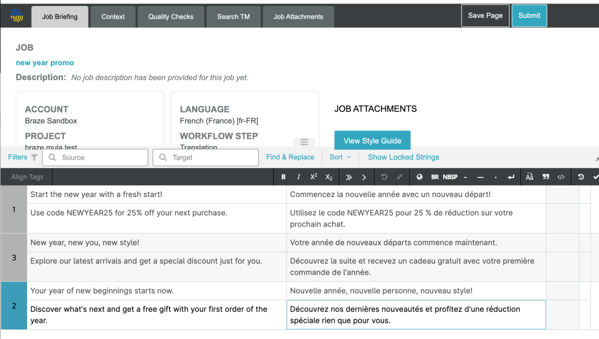 Soumettre la traduction à Braze.