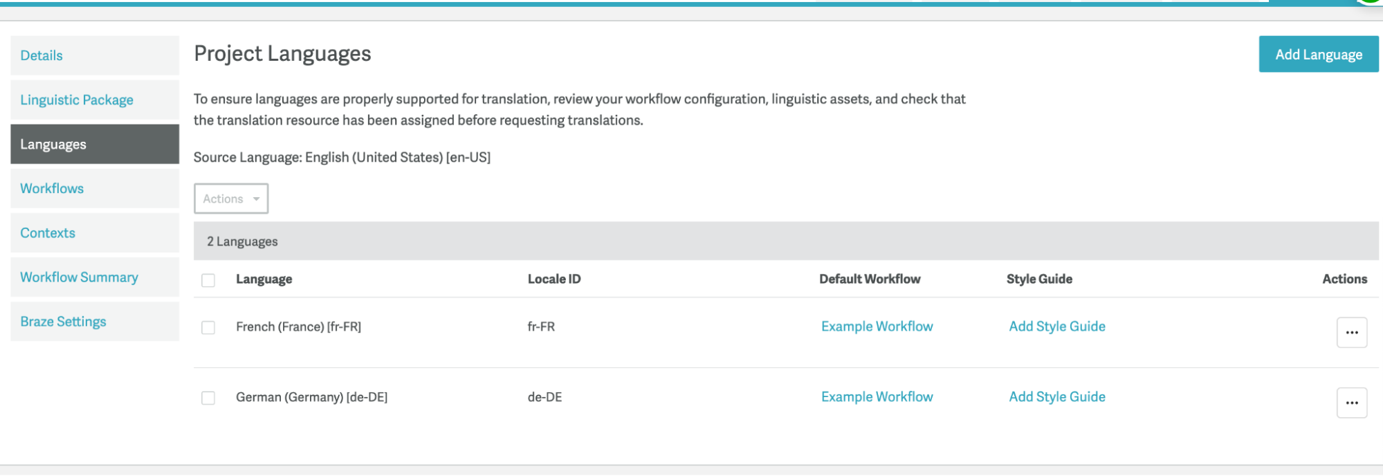 Connexion par Braze dans les langues du projet Smartling.