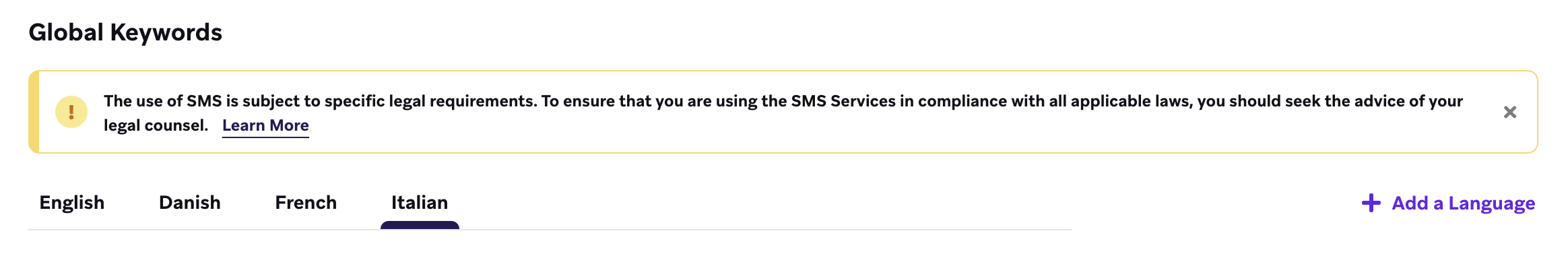 Page des mots-clés globaux avec l'onglet "Italien" sélectionné. Il existe un onglet pour chaque langue ajoutée.