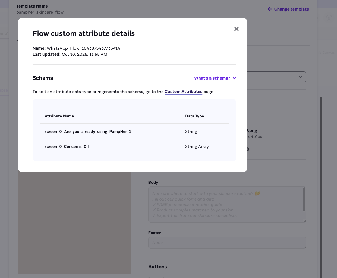 Fenêtre de détail des attributs personnalisés du flux avec liste déroulante des schémas.