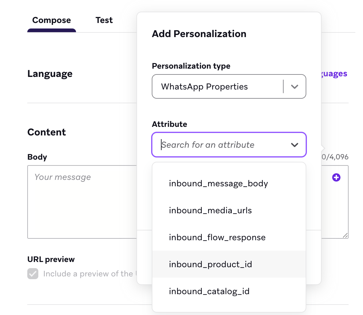 Fenêtre "Ajouter une personnalisation" avec un type de personnalisation "Propriétés WhatsApp" et un attribut mis en évidence de "inbound_product_id".