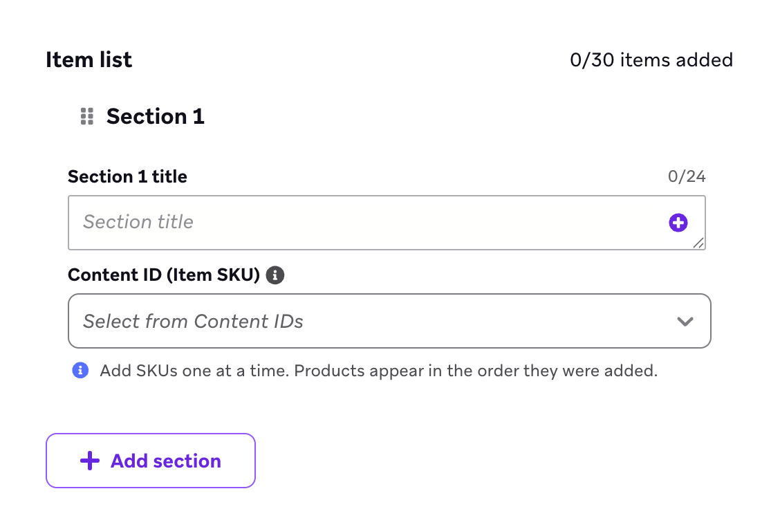 Liste d'éléments avec des champs pour saisir les titres de vos sections et l'ID du contenu.