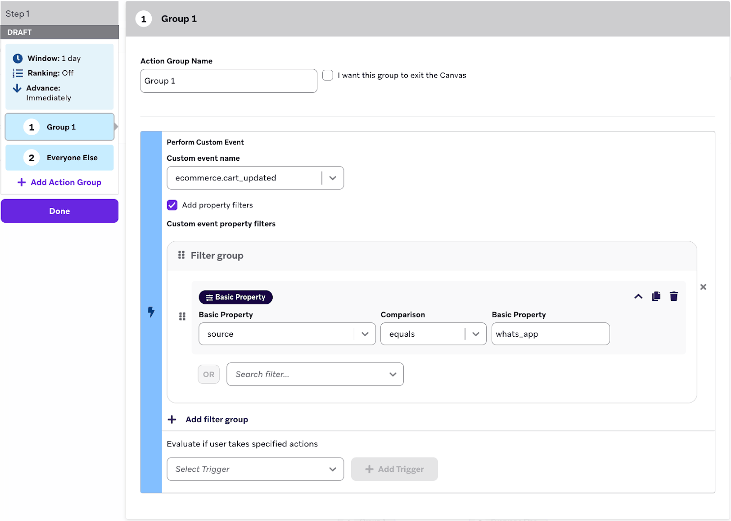Étape du canvas pour un déclencheur d'événement personnalisé `ecommerce.cart_updated` dont la propriété de base "source" est égale à `whats_app`.