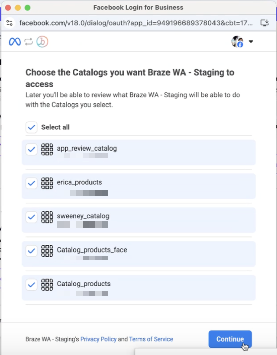 Fenêtre avec cinq catalogues sélectionnés fournir des autorisations.