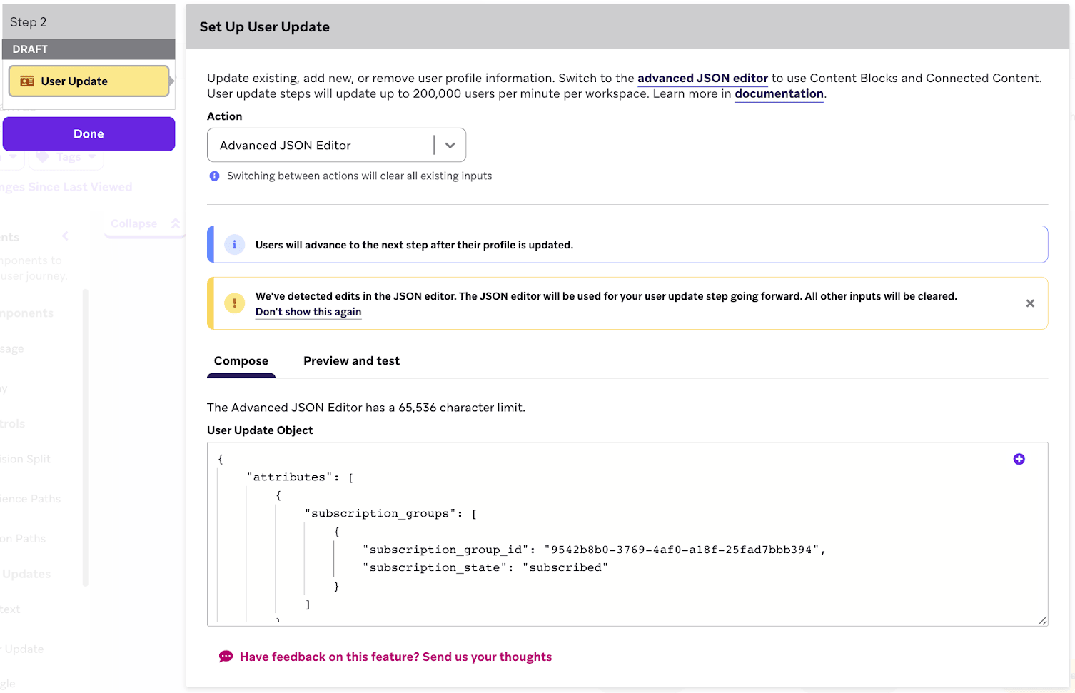 Mise à jour de l'utilisateur Étape du canvas qui utilise l'éditeur JSON avancé pour mettre à jour le profil utilisateur.