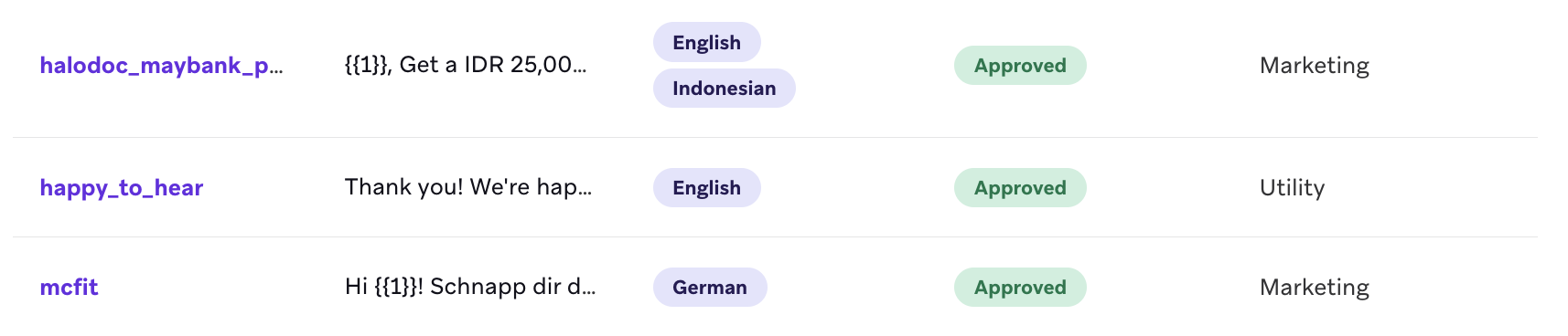 Liste des modèles comprenant des aperçus de leurs messages, des langues qui leur sont attribuées et de leur statut d'approbation.