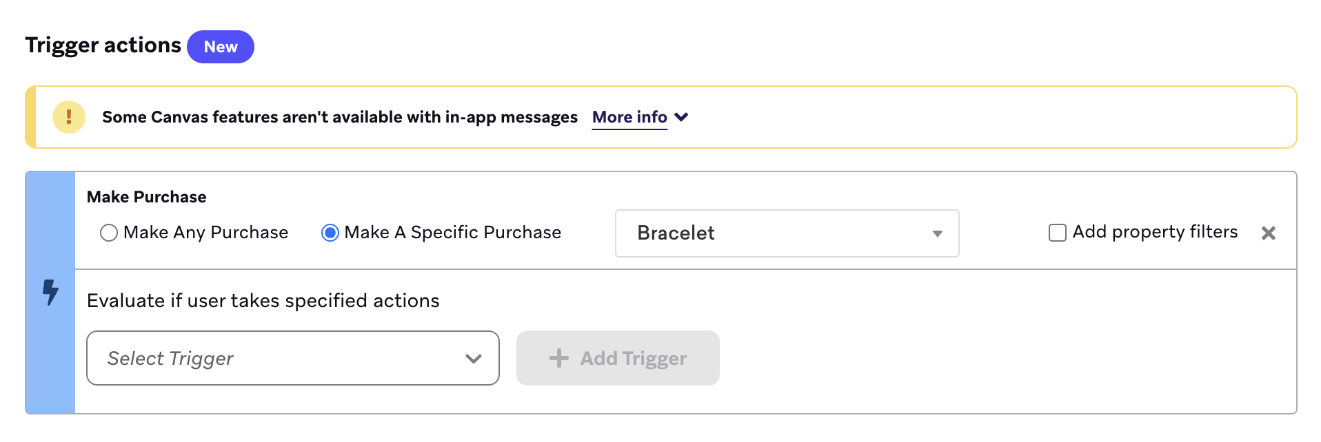 « Effectuer un achat spécifique » sélectionné comme action de déclenchement.