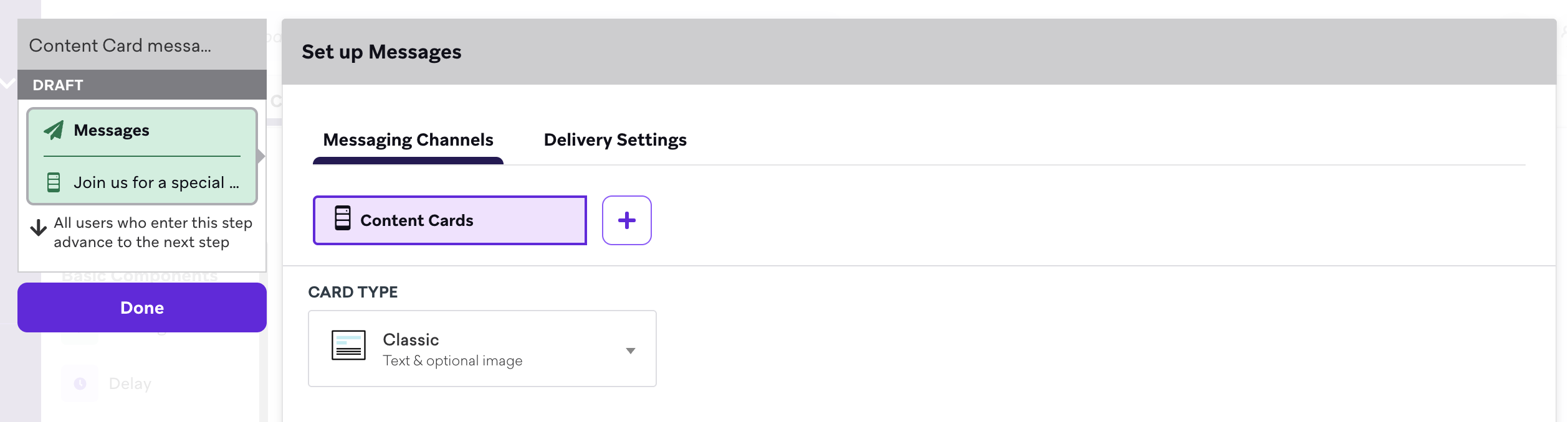 Cartes de contenu sélectionnées comme canal de communication pour une étape de message.