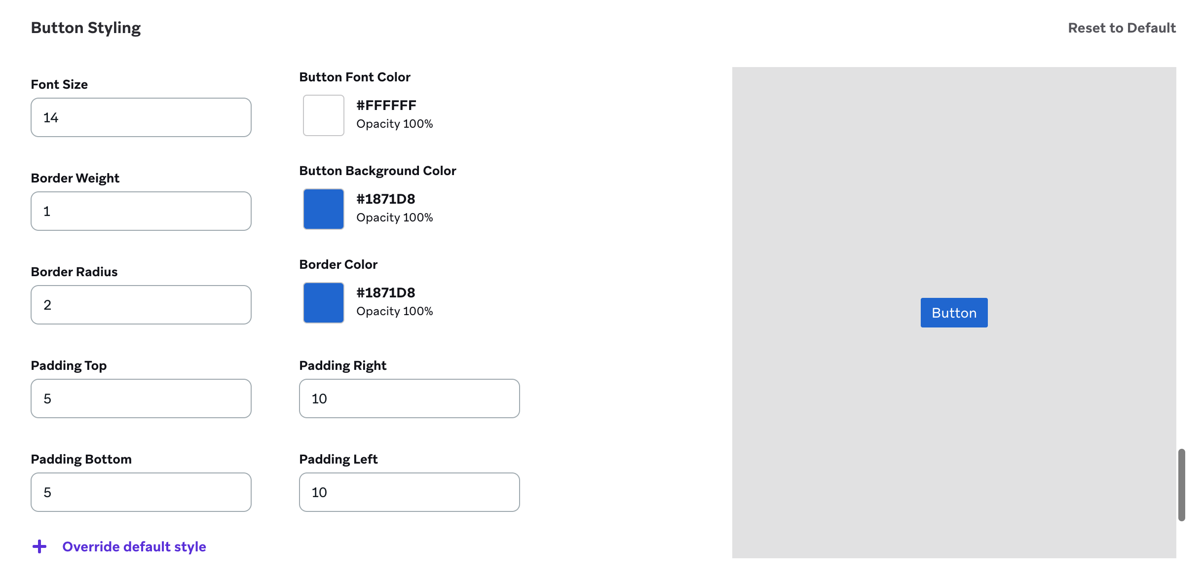 Bouton Paramètres de style pour un bouton rectangulaire avec un fond bleu.