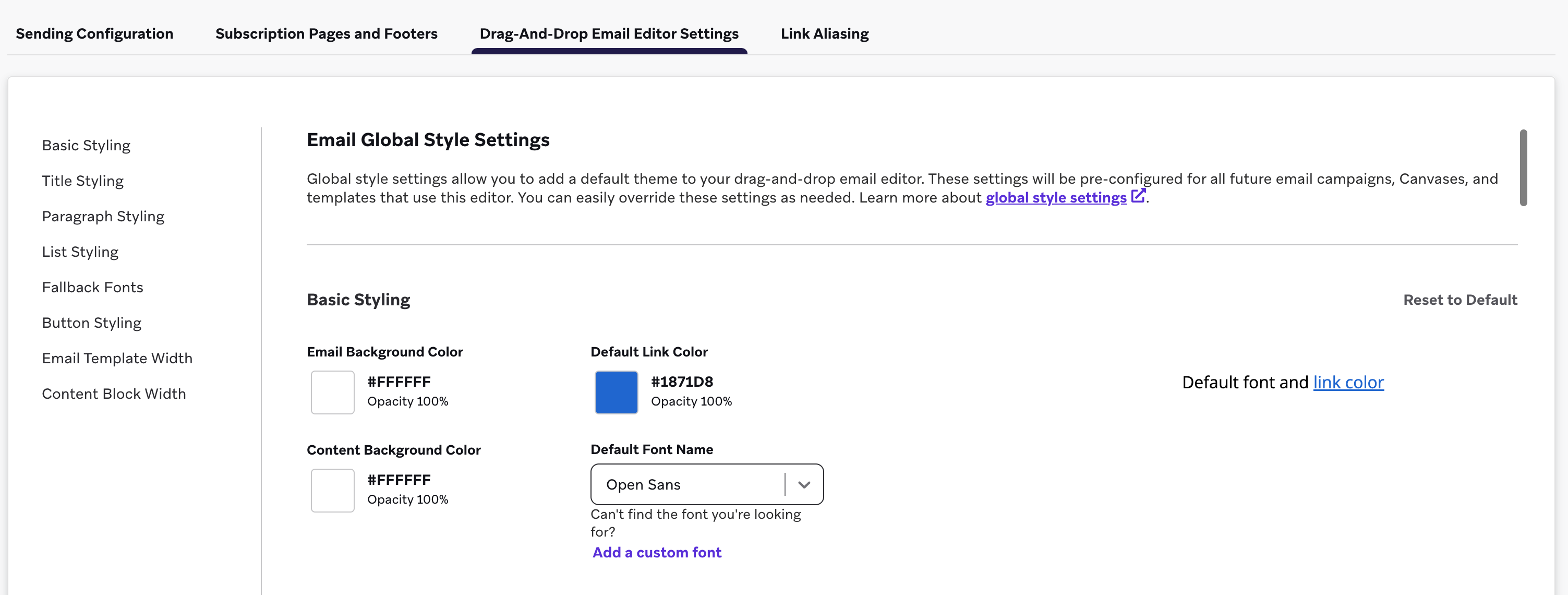 La section Paramètres de style global de l'e-mail dans l'onglet Paramètres de l'éditeur par glisser-déposer.