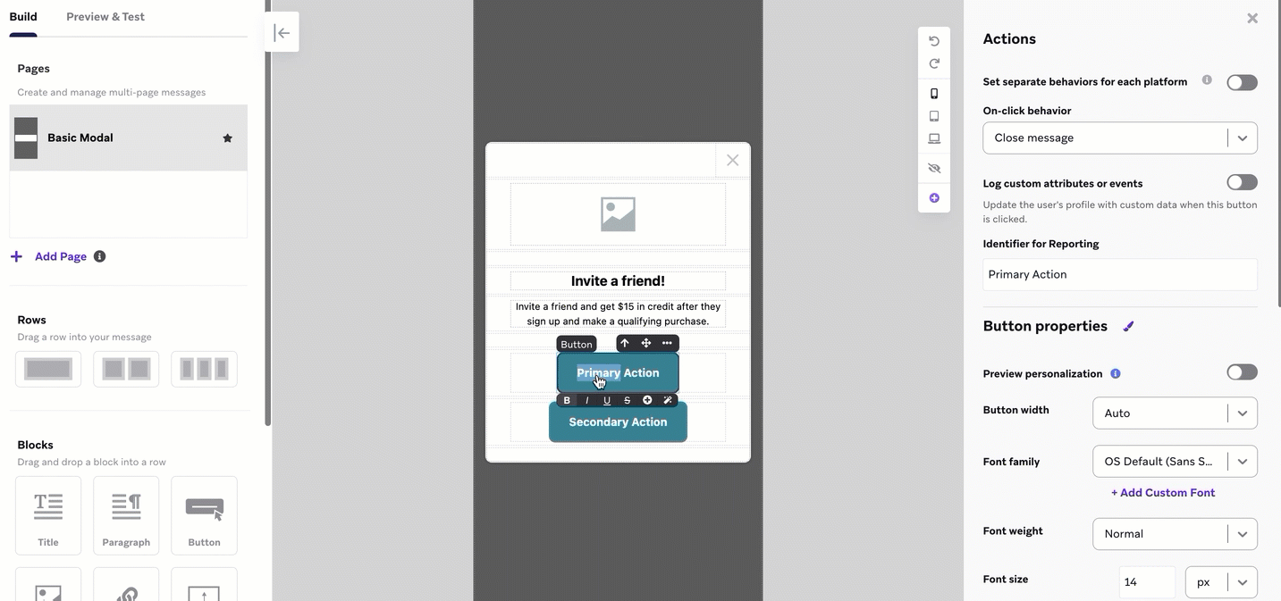 Un GIF montrant la création d'un message in-app promotionnel.