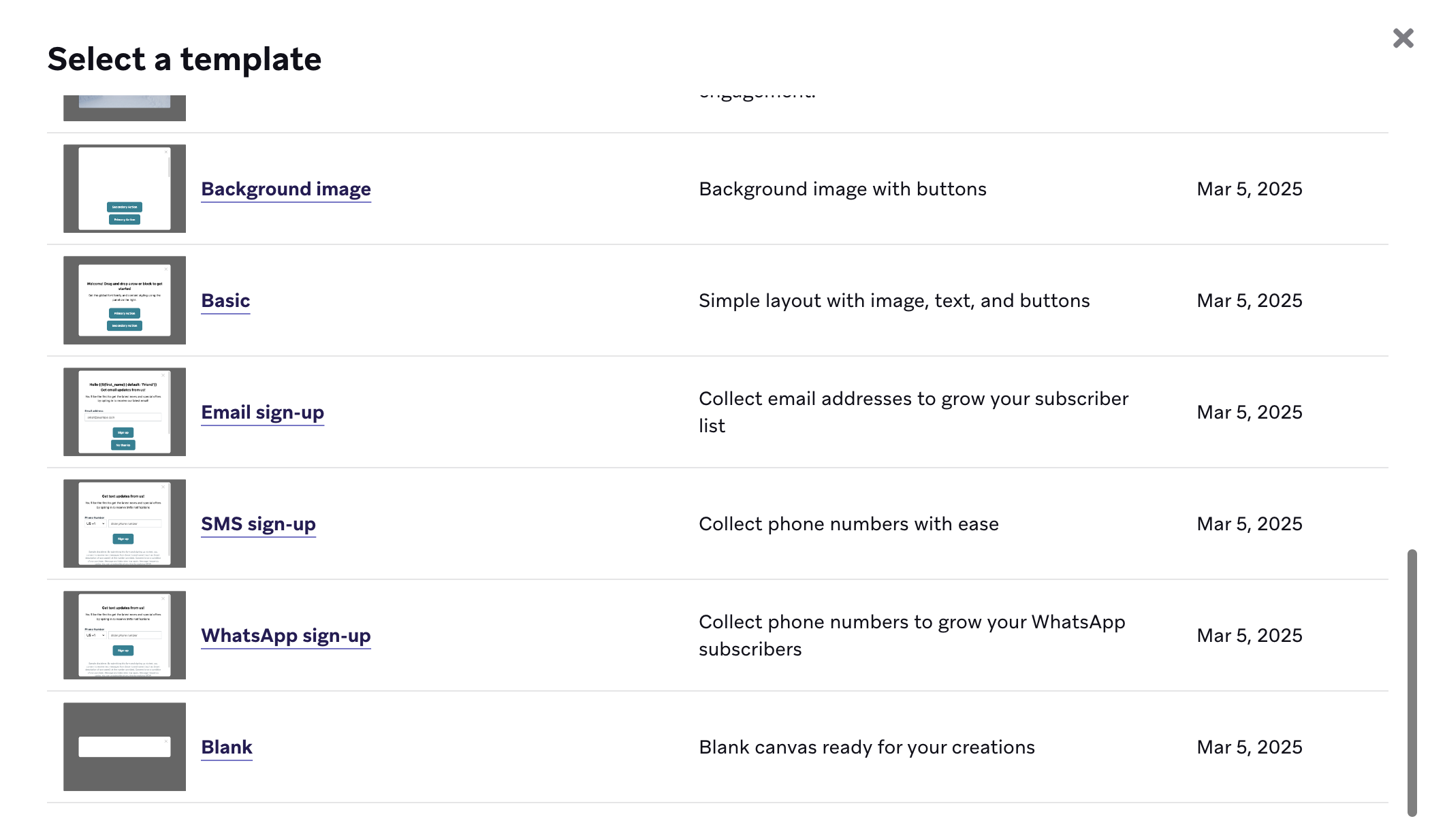 Fenêtre modale permettant de sélectionner l'inscription par SMS ou l'inscription par WhatsApp comme modèle lors de la création d'un message in-app.
