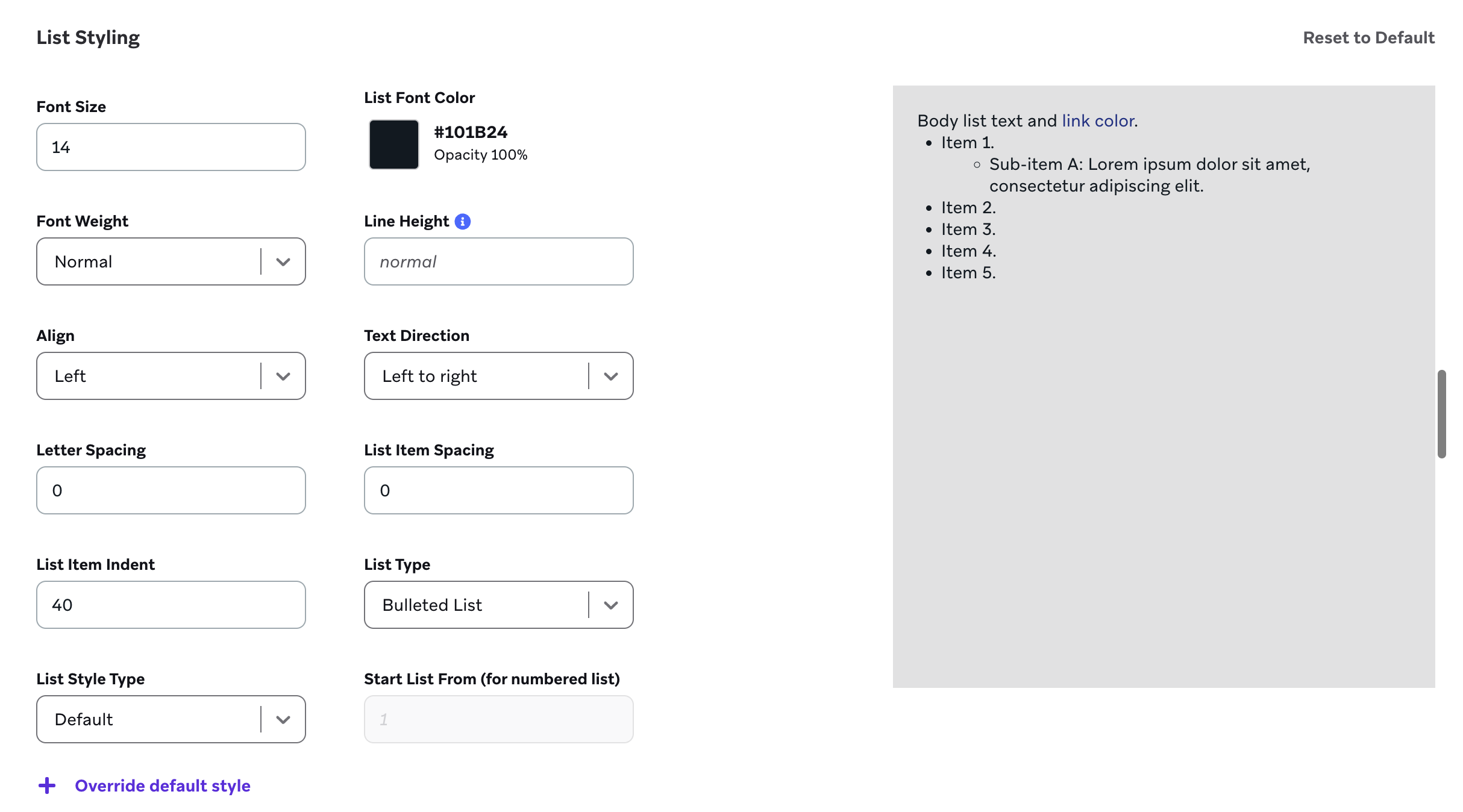Paramètres de style de liste pour une liste à puces.