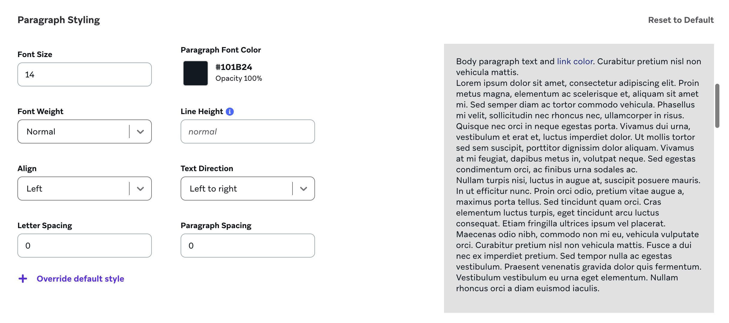 Paramètres de style de paragraphe pour un texte avec une police de 14 pt.