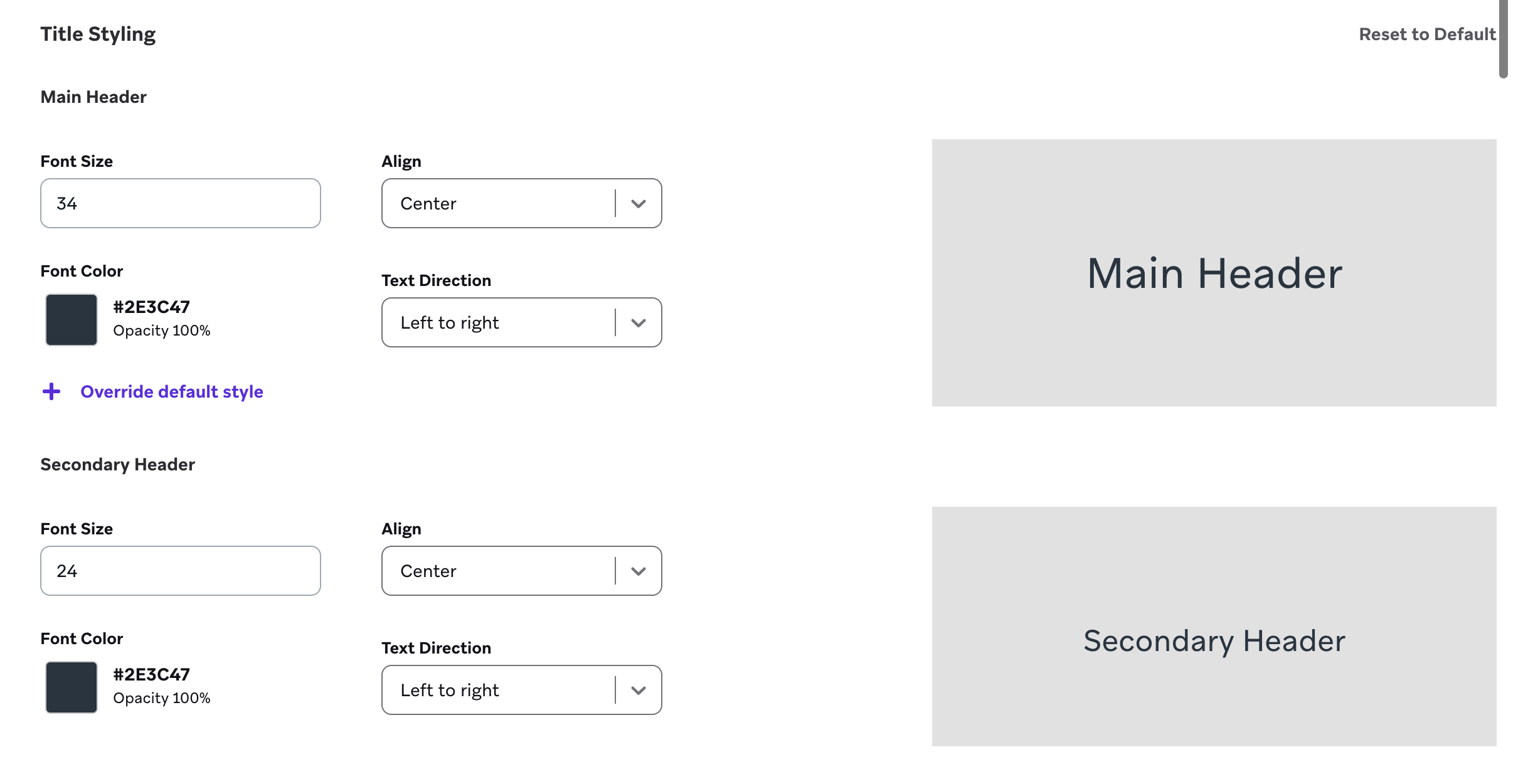 Titre Paramètres de style pour un en-tête principal et un en-tête secondaire alignés au centre.