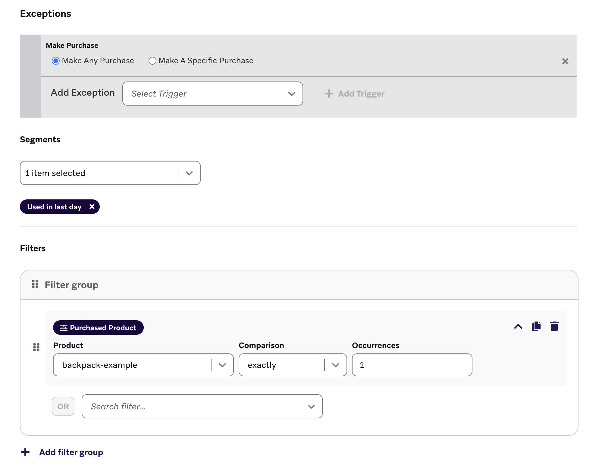 Configuration de critère de sortie avec « Effectue un achat quelconque » en tant qu’événement d’exception de sorte que, si un utilisateur effectue un achat, il sortira alors de ce Canvas.