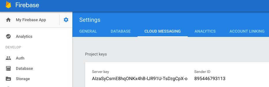 La plateforme Firebase, sous "Settings" puis "Cloud Messaging", affichera votre ID et votre clé de serveur.