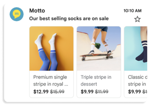Exemple de carrousel de produits d'une entreprise nommée Motto, dont l'e-mail s'intitule « Nos chaussettes les plus vendues sont en solde », avec trois images de chaussettes et leurs prix réduits.