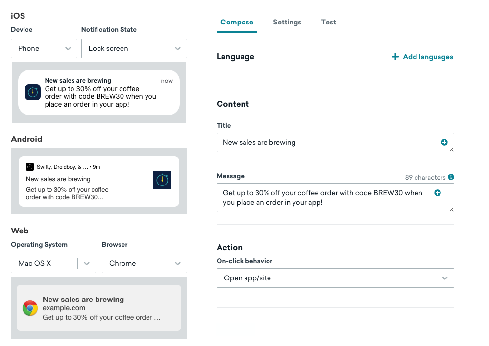 Vue d'édition unique avec un seul champ de titre, de message et de comportement au clic pour trois types de notifications push : iOS, Android et Web.
