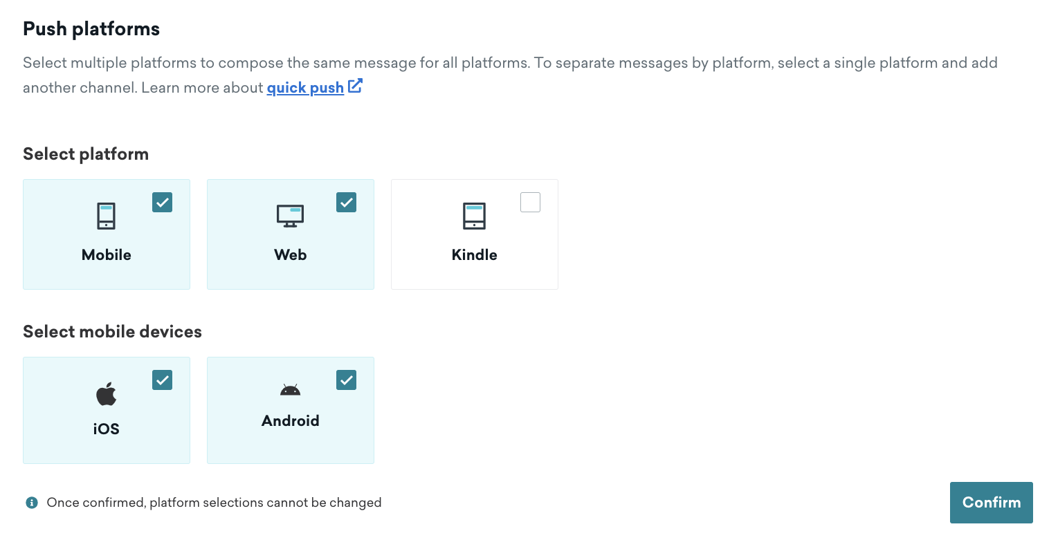 Options permettant de sélectionner plusieurs plateformes pour une étape de message push, telles que Appareil mobile, Web et Kindle, et plusieurs appareils, tels que iOS et Android.