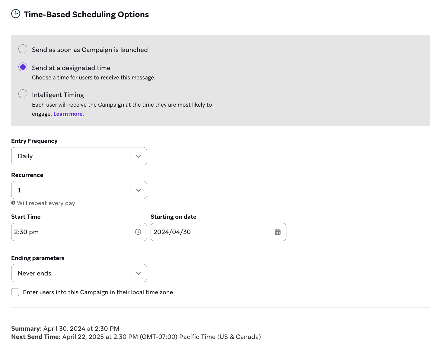 Les options de planification temporelle pour envoyer une campagne à une heure donnée.