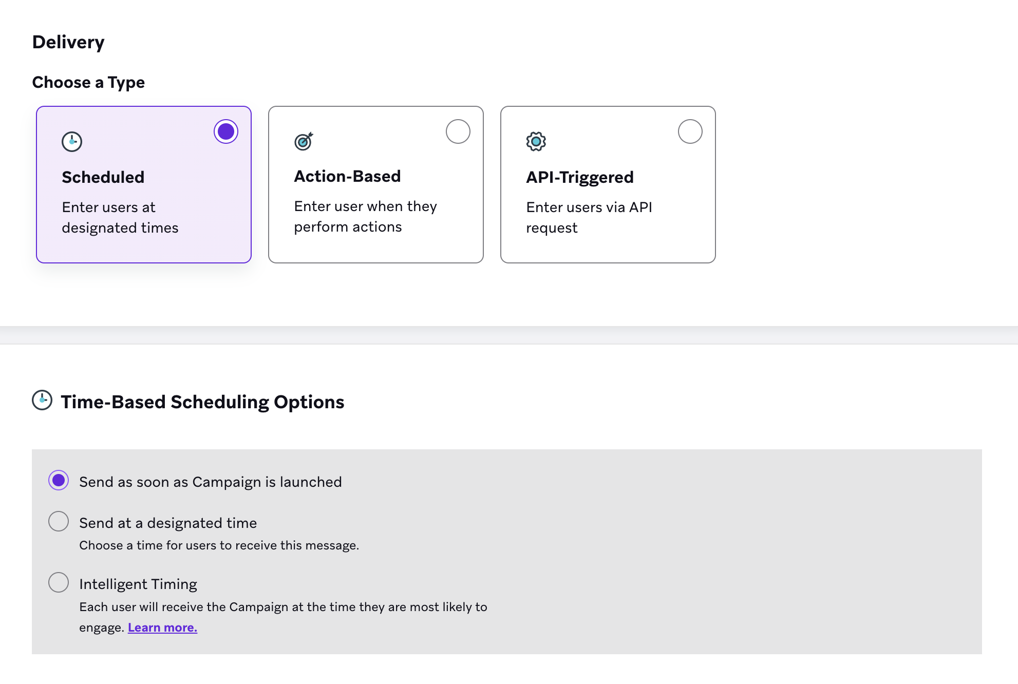 La section « Réception/distribution » avec l'option « Planifié » sélectionnée et l'option de planification temporelle d'envoi dès que la campagne est lancée.