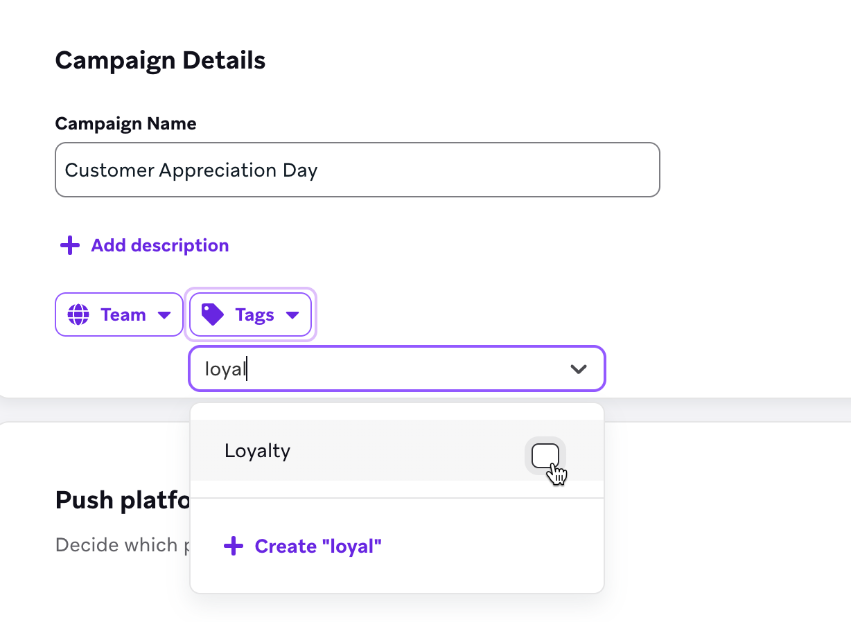Ajout de tags lors de la création d'une campagne.