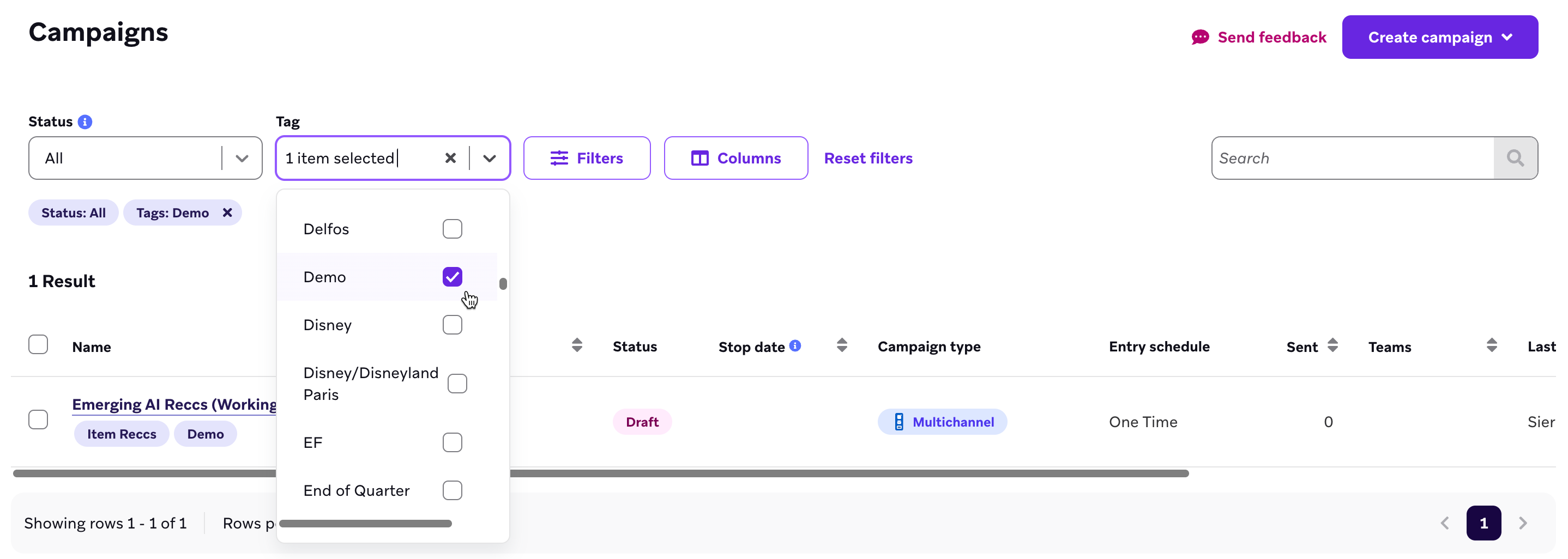 Tags sur la liste des campagnes.