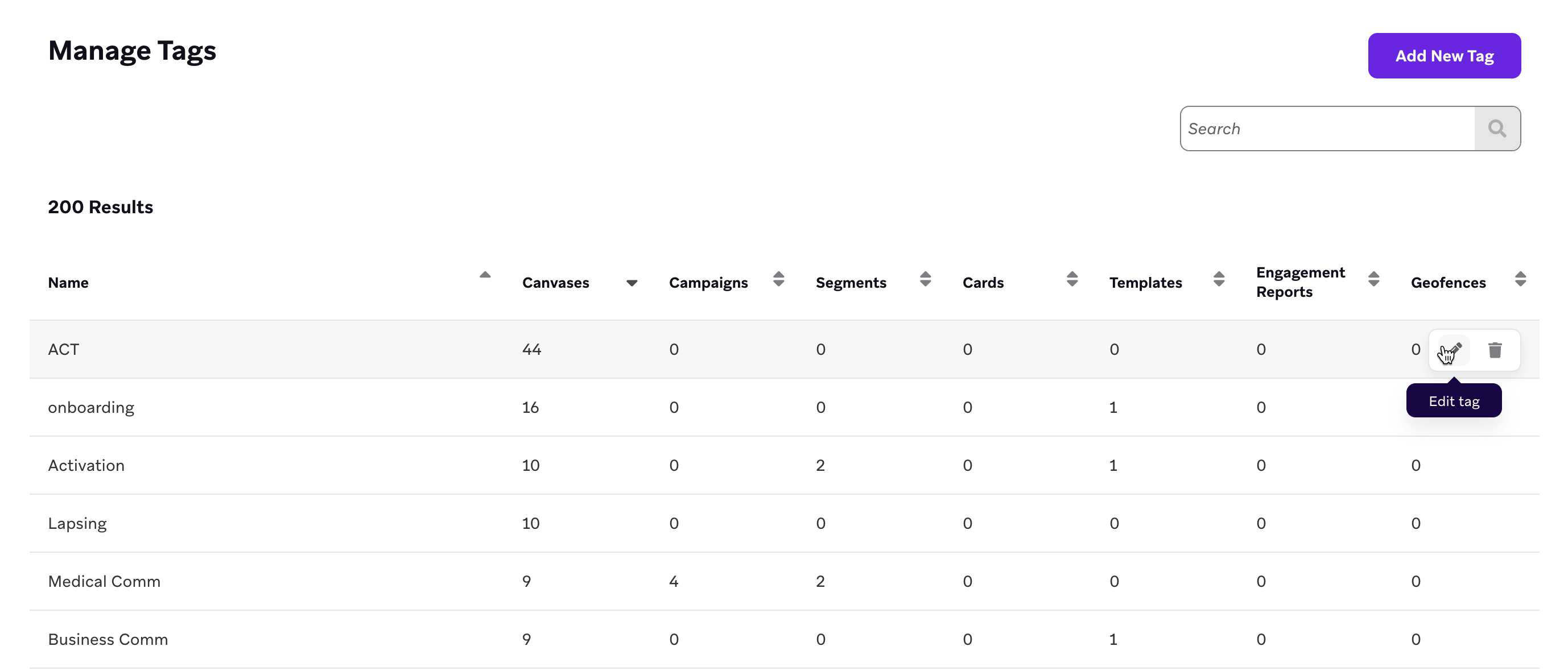 onglet Tags de la page Gérer les paramètres.