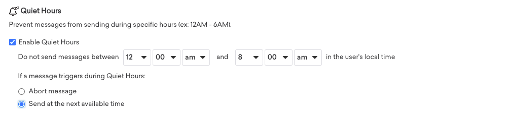 Une campagne avec des heures calmes activées. Dans cet exemple, les messages ne seront pas envoyés entre minuit et 8 h dans l’heure locale de l’utilisateur. Si un message se déclenche pendant les heures calmes, le message sera envoyé au prochain moment disponible.