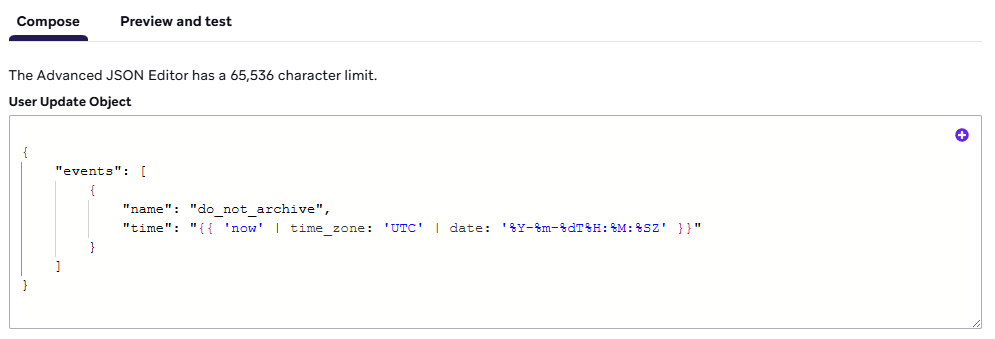 Étape de mise à jour de l'utilisateur qui ajoute l'événement "do_not_archive" au profil de l'utilisateur.