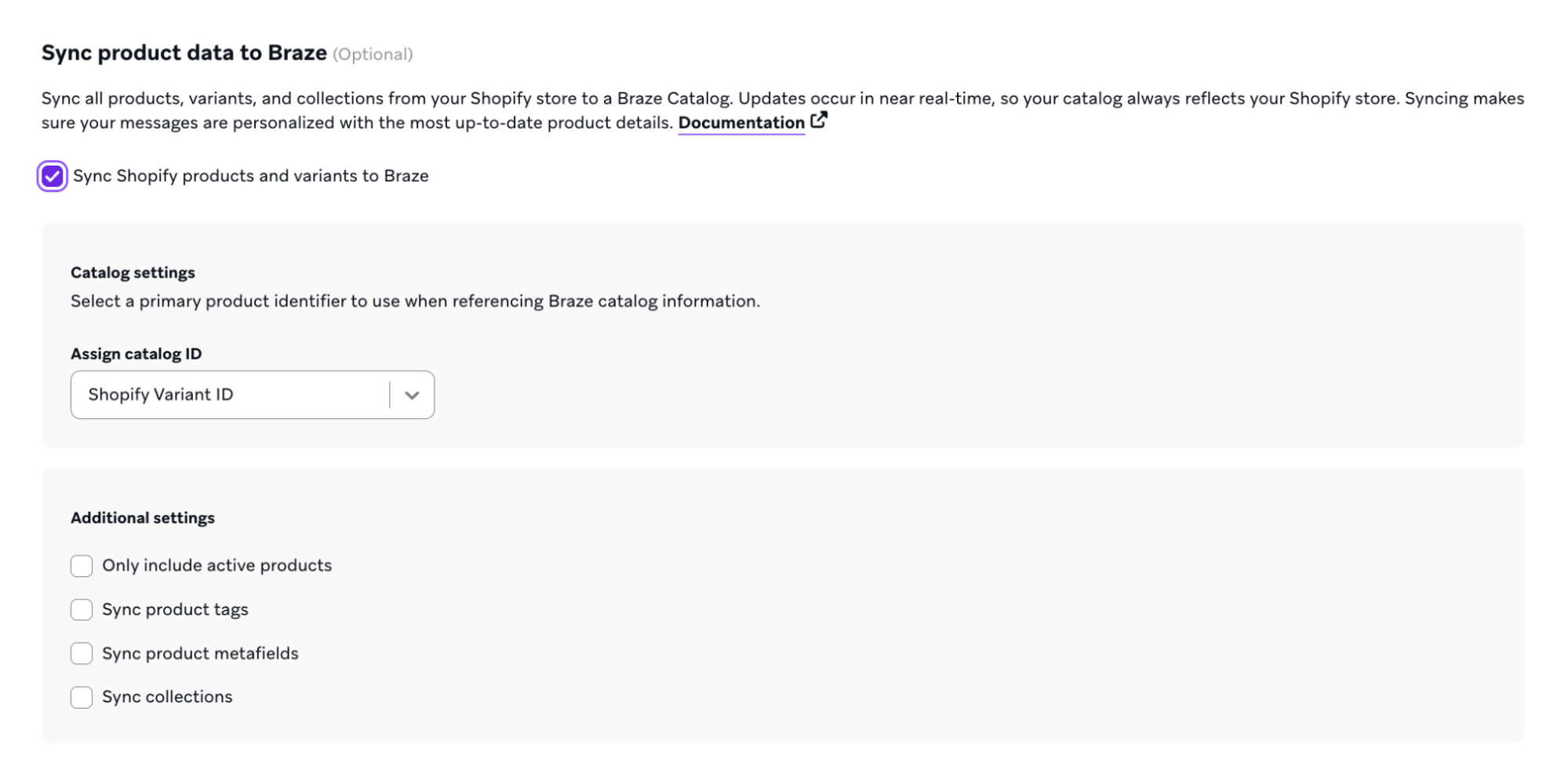 Shopifyの商品とバリアントをBrazeに同期するための設定。