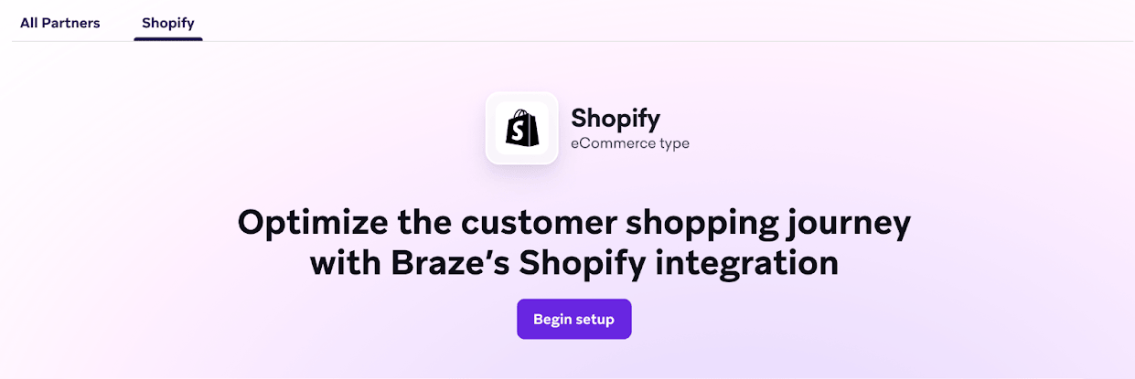 Shopify の統合ページ。設定を開始するブタンが表示されている。