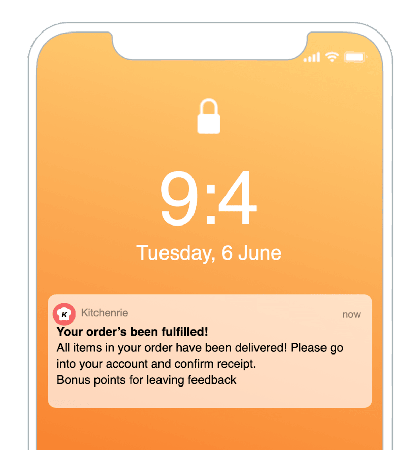 テキスト「Your order's been fulfilled!カートに入っている商品は全て届きました！Please go into your account and confirm receipt.Bonus points for leaving feedback.」が表示されているテキストメッセージ。