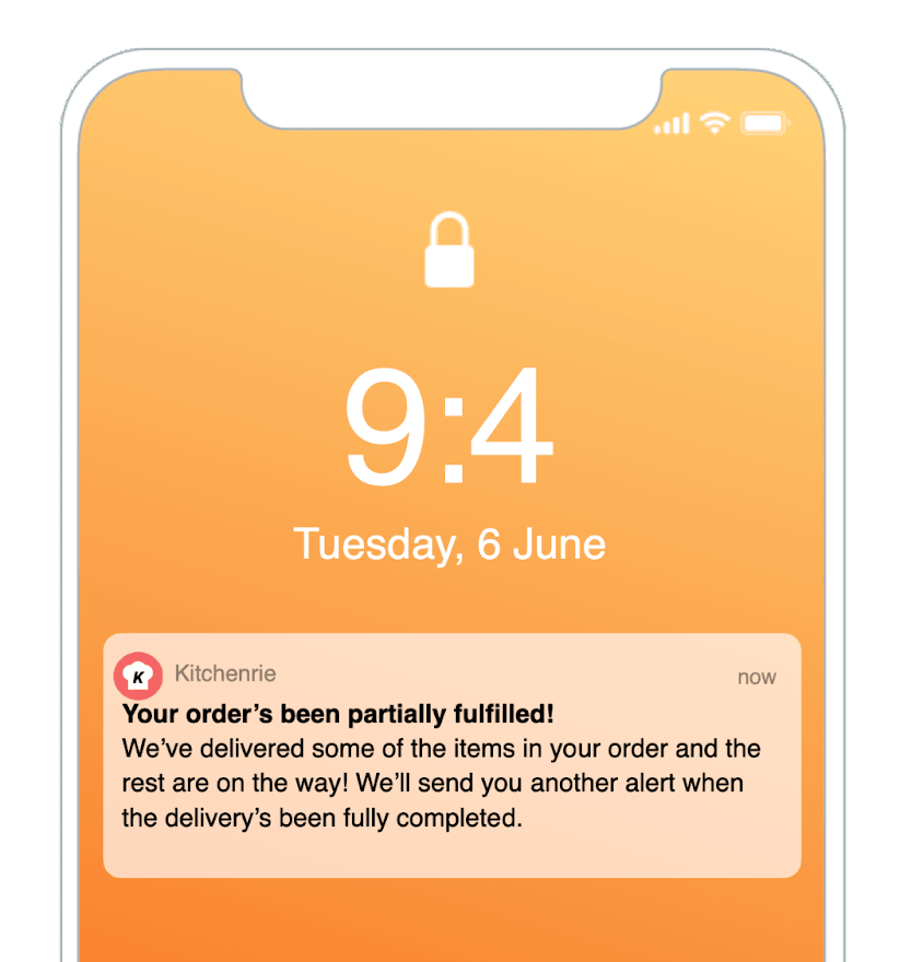 テキスト「Your order's been partially fulfilled!ご注文いただいた商品の一部をお届けし、残りはお待ちしております！配送が完全に完了したら、別のアラートを送信します。"
