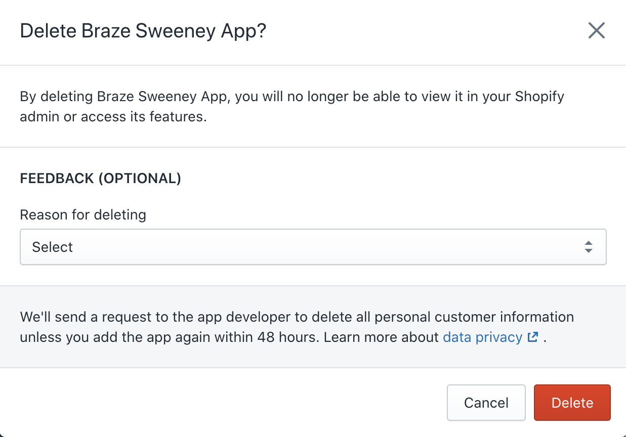 Braze アプリの削除操作の確認を求めるモーダル。
