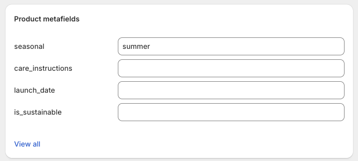 seasonalメタフィールドの値がsummerに設定された商品メタフィールド追加モーダル。